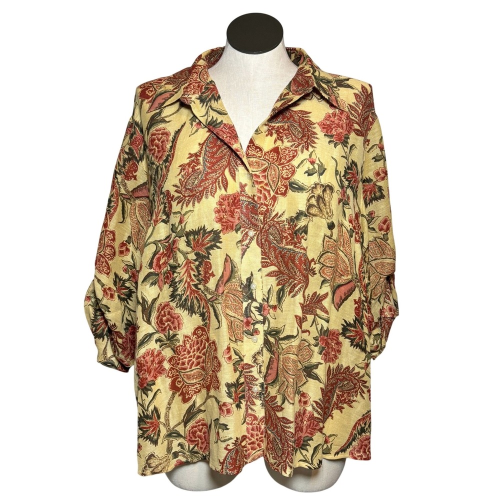 Lauren Ralph Lauren Womens 3X Silk Linen Floral Paisley Button Down Shirt Yellow
